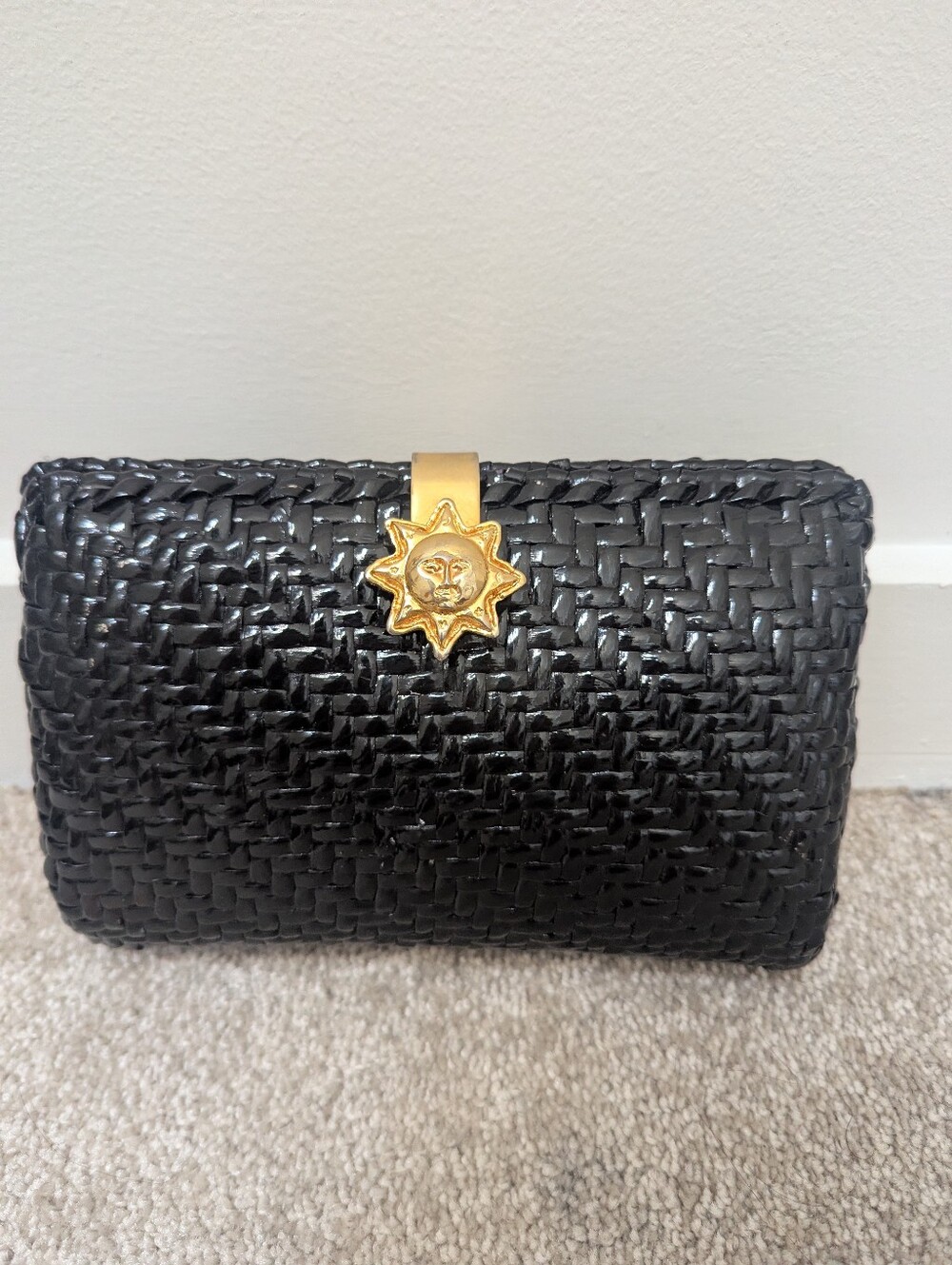 Vintage Vanessa Black Woven Celestial Sun Clutch Hard Case Crossbody Bag